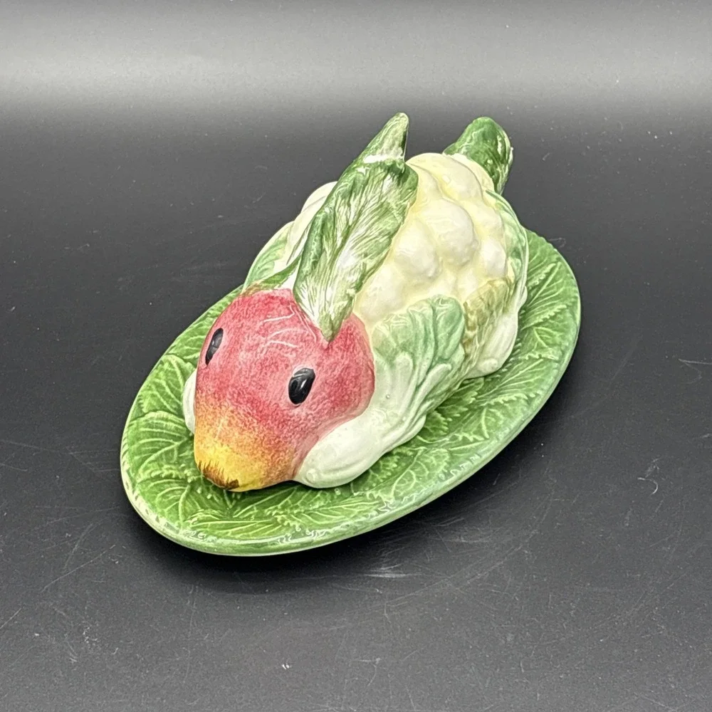 Vtg Vietri Italy Ceramic Vegetable Bunny Covered Butter Dish Cabbage Leaf Plate